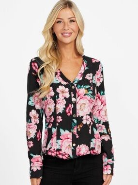Guess Black Floral Button-Front Blouse with Pink Blooms